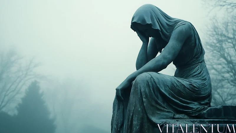Veiled mourning statue in cold blue foggy graveyard