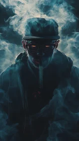 Smoldering urban specter framed in electric cyan smoke veil.