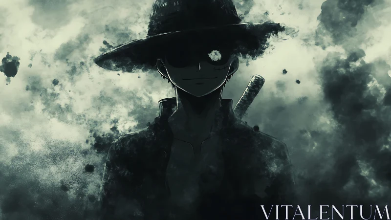 Monochrome swordsman silhouette dissolving into atmospheric ink clouds