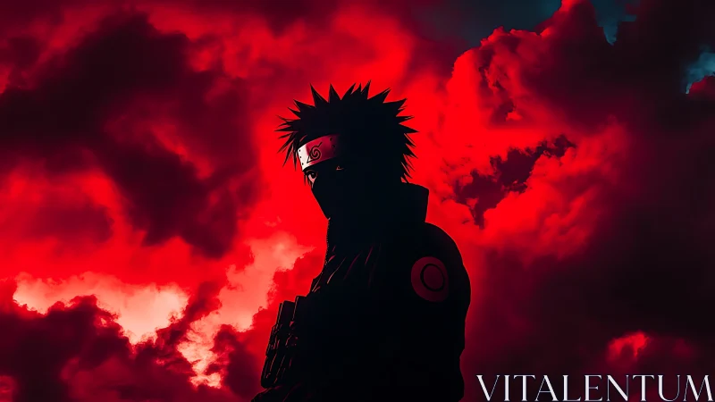 Silhouetted ninja stands before dense red storm clouds