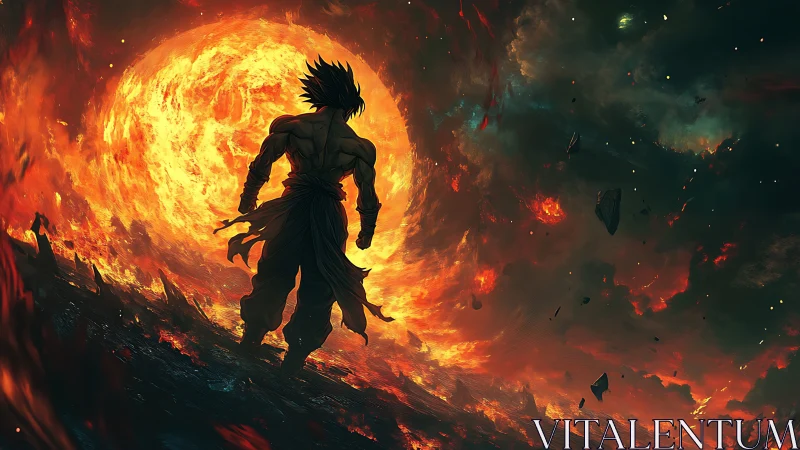 Silhouetted warrior observes large fiery sphere in sky