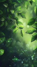 Dew covered green leaves hang against soft blurred bokeh light