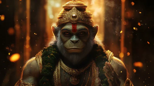 Simian warrior deity rendered with cinematic volumetric lighting