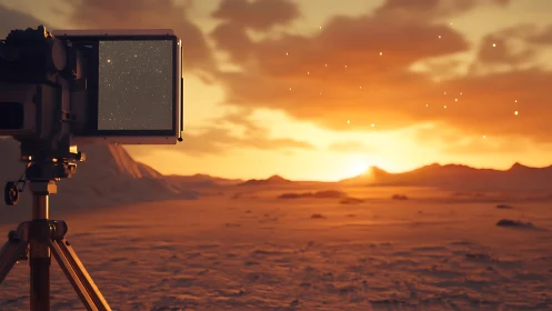 Astrophotography rig on tripod in desert sunset environment
