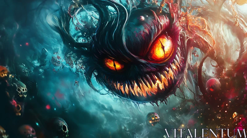 Grotesque floating head dominates chaotic, skull-filled scene