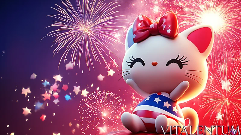 Patriotic cartoon cat celebrates under vivid July fireworks