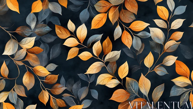 Golden and blue foliage pattern over deep charcoal field