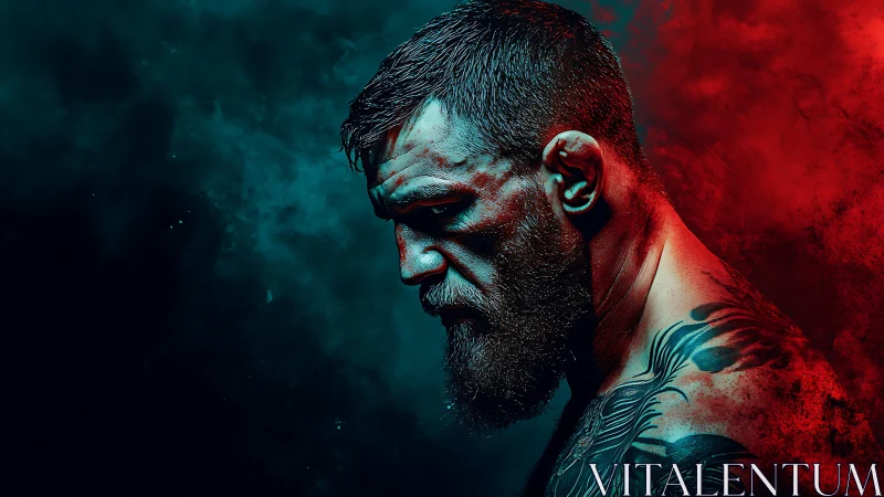 Tattooed fighter profile in dramatic red and blue light.