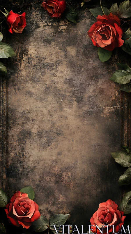 Vertical textured frame centers worn surface between roses