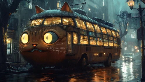 Cat-shaped city bus glows through rainy neon streets.