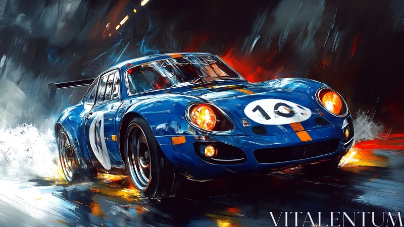 Dynamic blue race car drifts through neon-lit wet asphalt