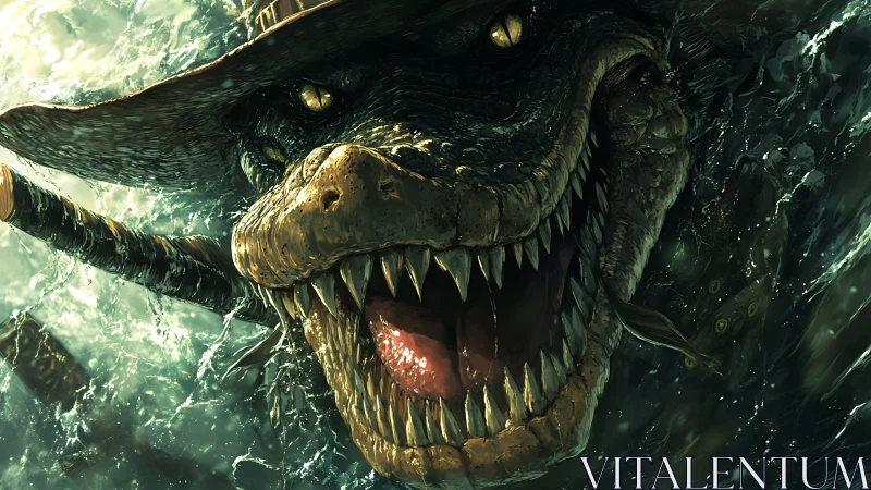 Crocodilian creature with hat emerges from turbulent water