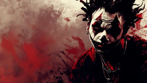 Clown-makeup portrait with red abstract textured backdrop.