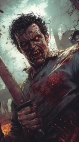 Bloodlit revenant warrior stalks the haunted forest edge.