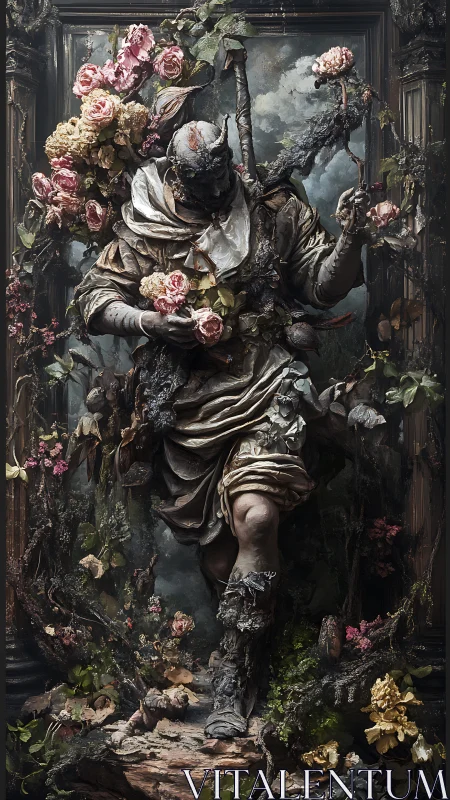 Horned stone figure wrapped in roses and decayed foliage.