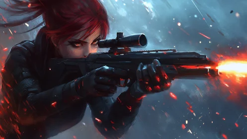 Red-haired female operative fires scoped rifle with thermal barrel discharge