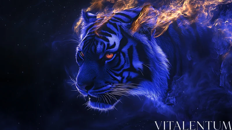 Neon blue tiger portrait with ethereal flame accents rendering.