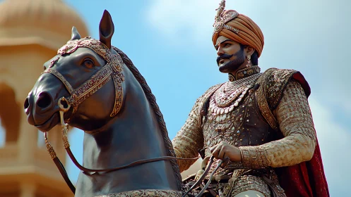 Regal warrior rides armored steed beneath clear blue sky