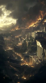 Ancient hillside metropolis collapses in apocalyptic firestorm.