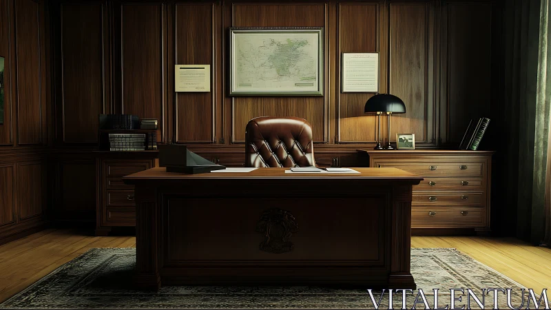 Executive mahogany office with classic leather chair focus.