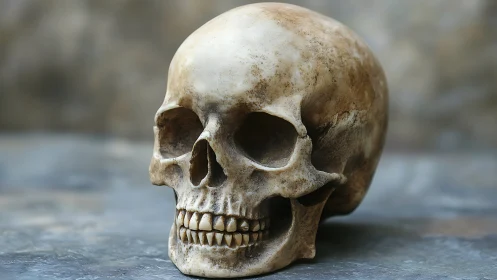 Human skull on textured surface under soft neutral light.