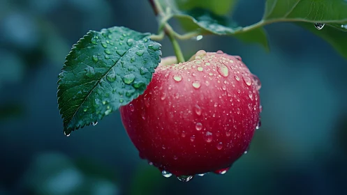 Macro study of dewy red apple with shallow depth of field