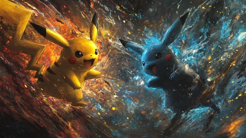 Electric Pikachu duel ignites a fiery blue and gold storm