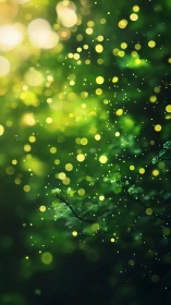 Glowing bokeh lights drift above shaded green forest foliage