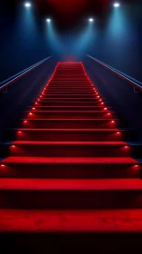 Red carpet staircase under dramatic stage lighting.