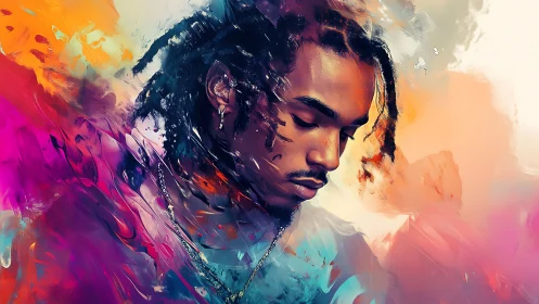 Portrait of contemplative man amid abstract color field