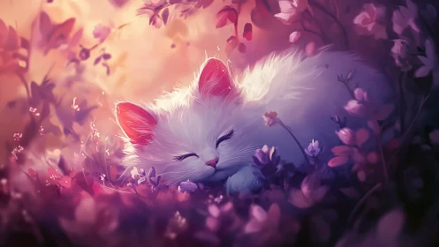 Serene White Cat Surrounded by Blooming Pink Flowers