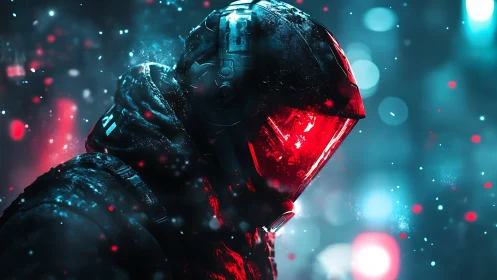 Neon night wanderer in a glowing red visor helmet.