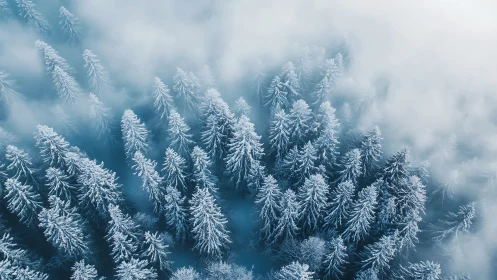 Snow-covered pine forest in winter fog, aerial landscape view.