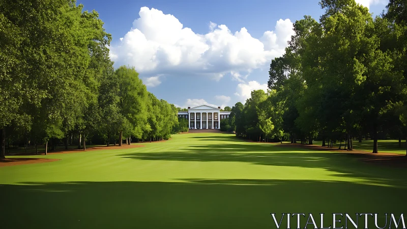 Sunlit green lawn leading to a grand white-columned mansion.