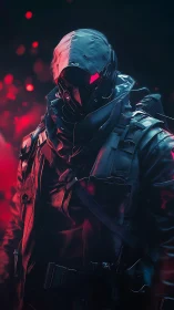 Hooded armored operative in red and blue neon lighting.