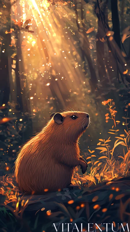 Sunlit forest pause with a curious little woodland friend.