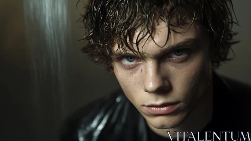 Wet-haired young man stares directly into the camera lens