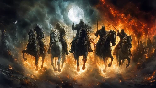 Storm-lit riders charge through fire and moonlit shadows