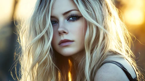 Sunlit blonde portrait in glowing golden hour haze.