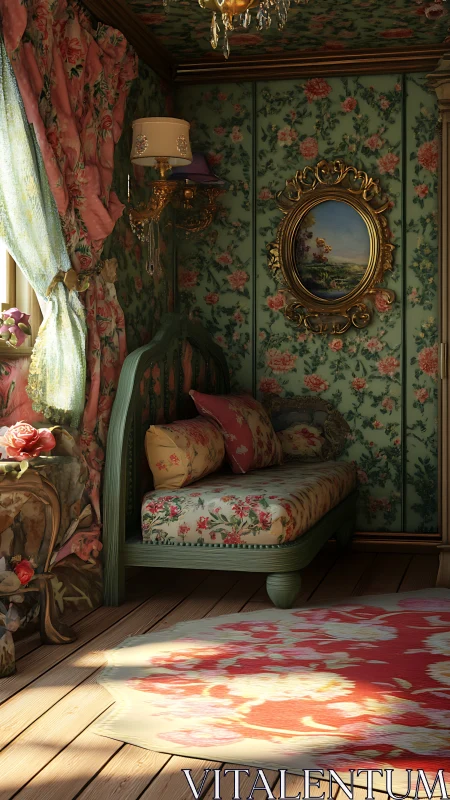 Floral-patterned interior shows daybed, wall art, and rug