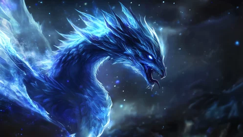 Luminescent blue dragon form against deep space backdrop.