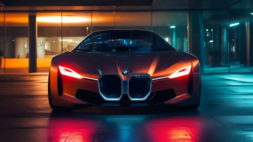 Neon-lit concept supercar stalks the midnight glass city.