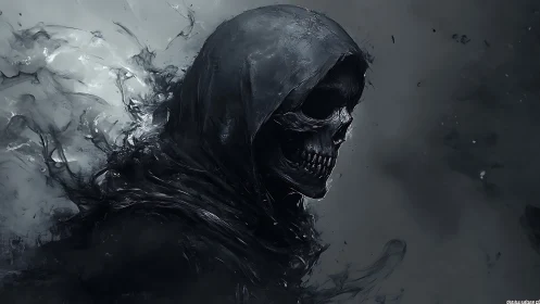 Hooded skeletal wraith emerging from swirling monochrome smoke