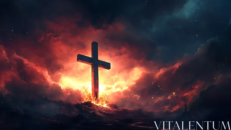 Fiery cross rising through storm lit sky at night.