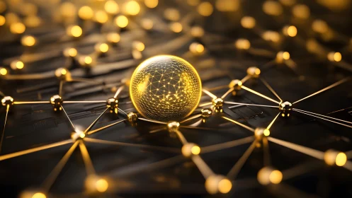 Golden network sphere glows at the center of data links