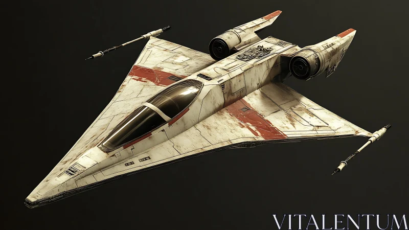 Weathered starfighter gliding through quiet cosmic dark.