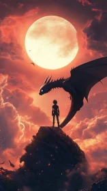 Young hero and dragon meet destiny beneath a burning moon