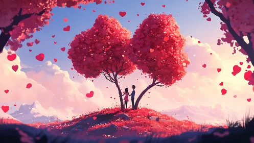 Two Figures Beneath Heart-Shaped Tree in Romantic Landscape.