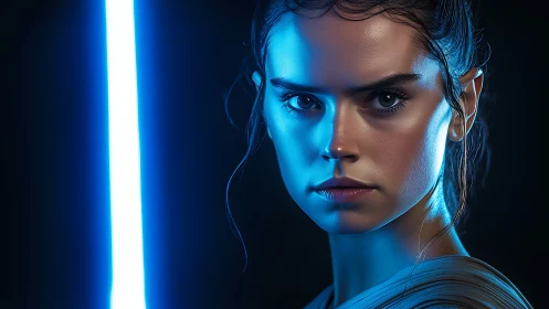 Young woman with glowing blue sword in dramatic light.