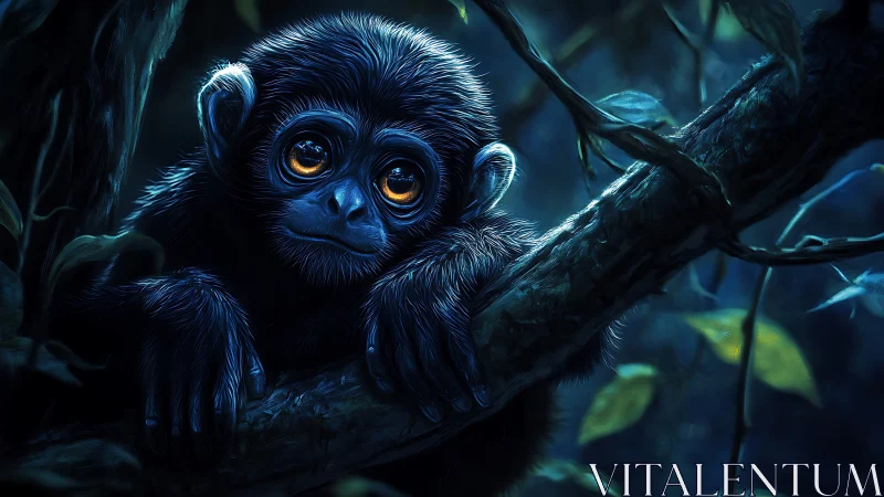 Young monkey on branch in dim blue forest lighting.